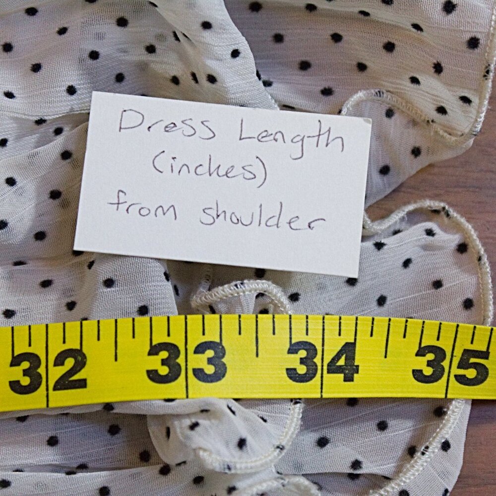 Pleated Long-Sleeve Black and White/Cream Polka Dot Fit and Flare Dress Medium - Picture 13 of 15
